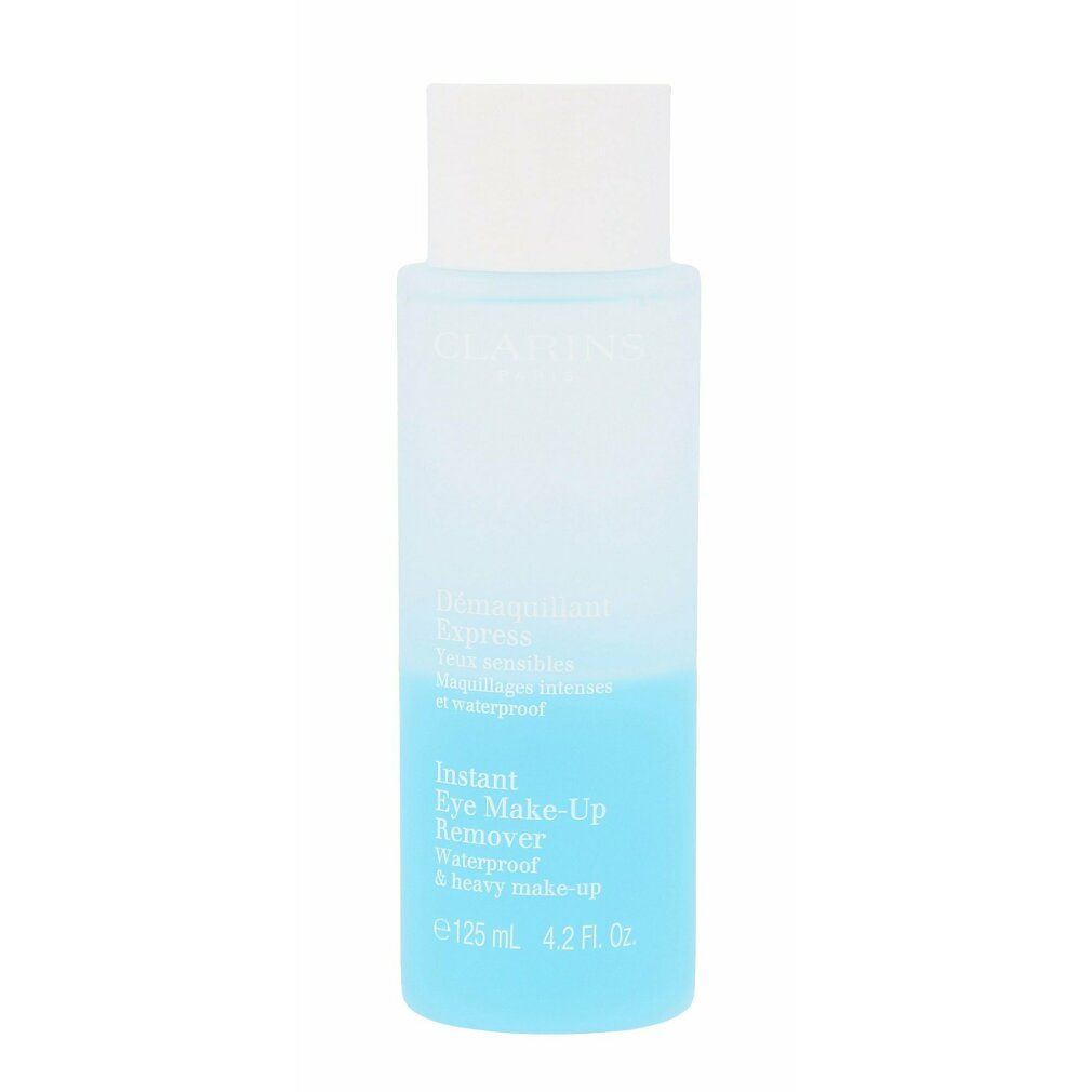 Clarins Instant Eye Make-Up Remover. Flasche mit blauem Inhalt und weißem Deckel. Text und Volumenangabe.