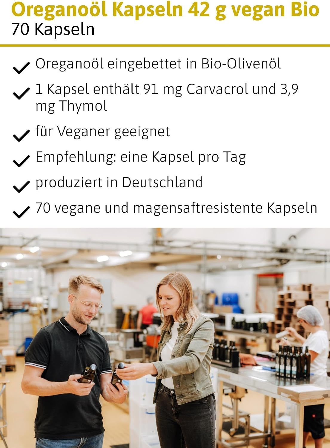 Flasche mit Ölmühle Solling Bio Oreganoöl Kapseln, 70 Kapseln.