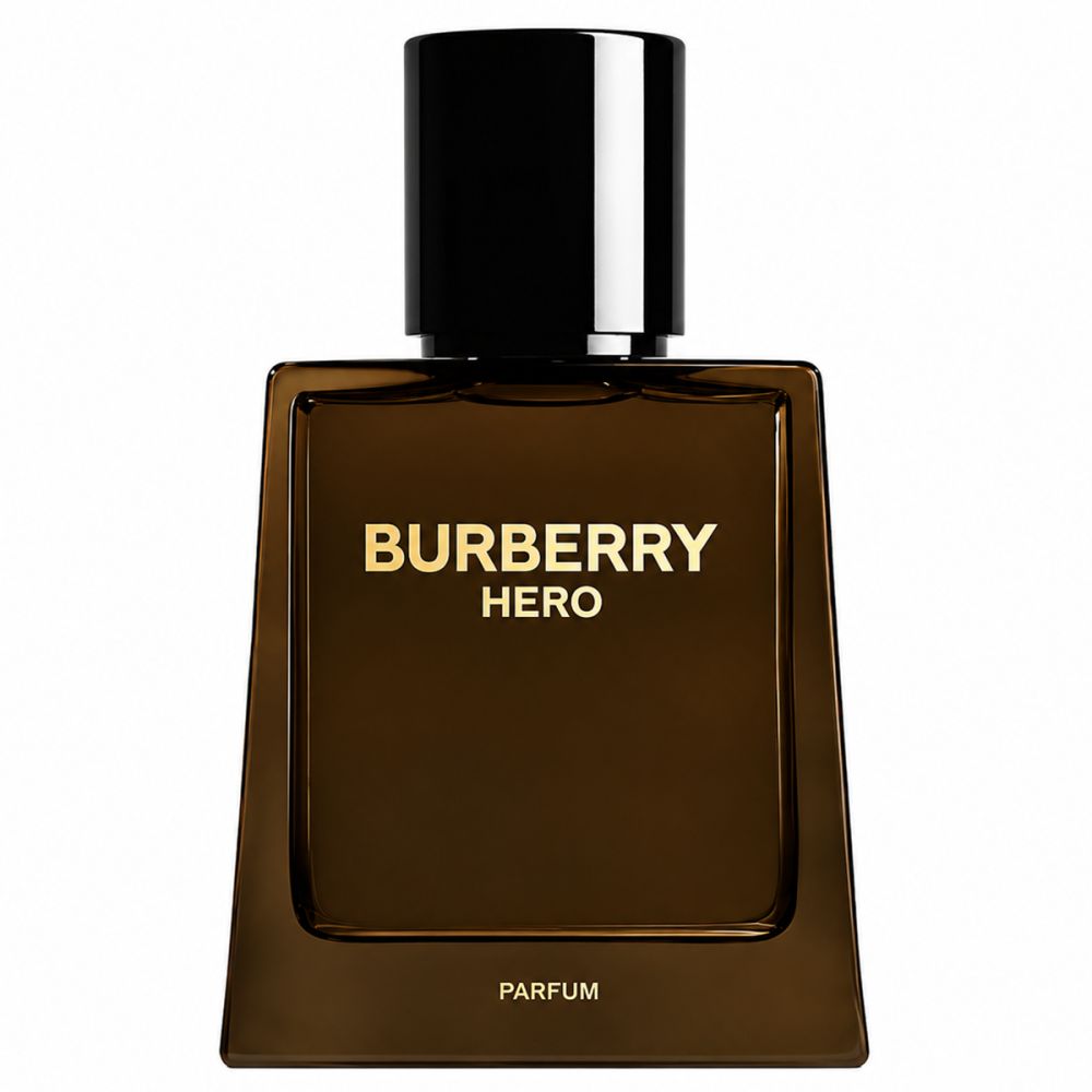 Burberry Hero Parfum Flakon in dunklem Glas mit schwarzem Verschluss. Goldene Schrift auf der Vorderseite.