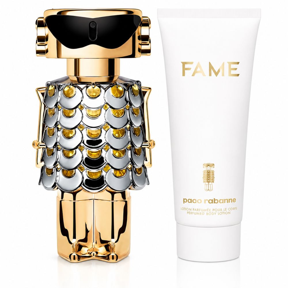 Paco Rabanne Fame Giftset: goldener Roboter-Parfümflakon und weiße Bodylotion-Tube.
