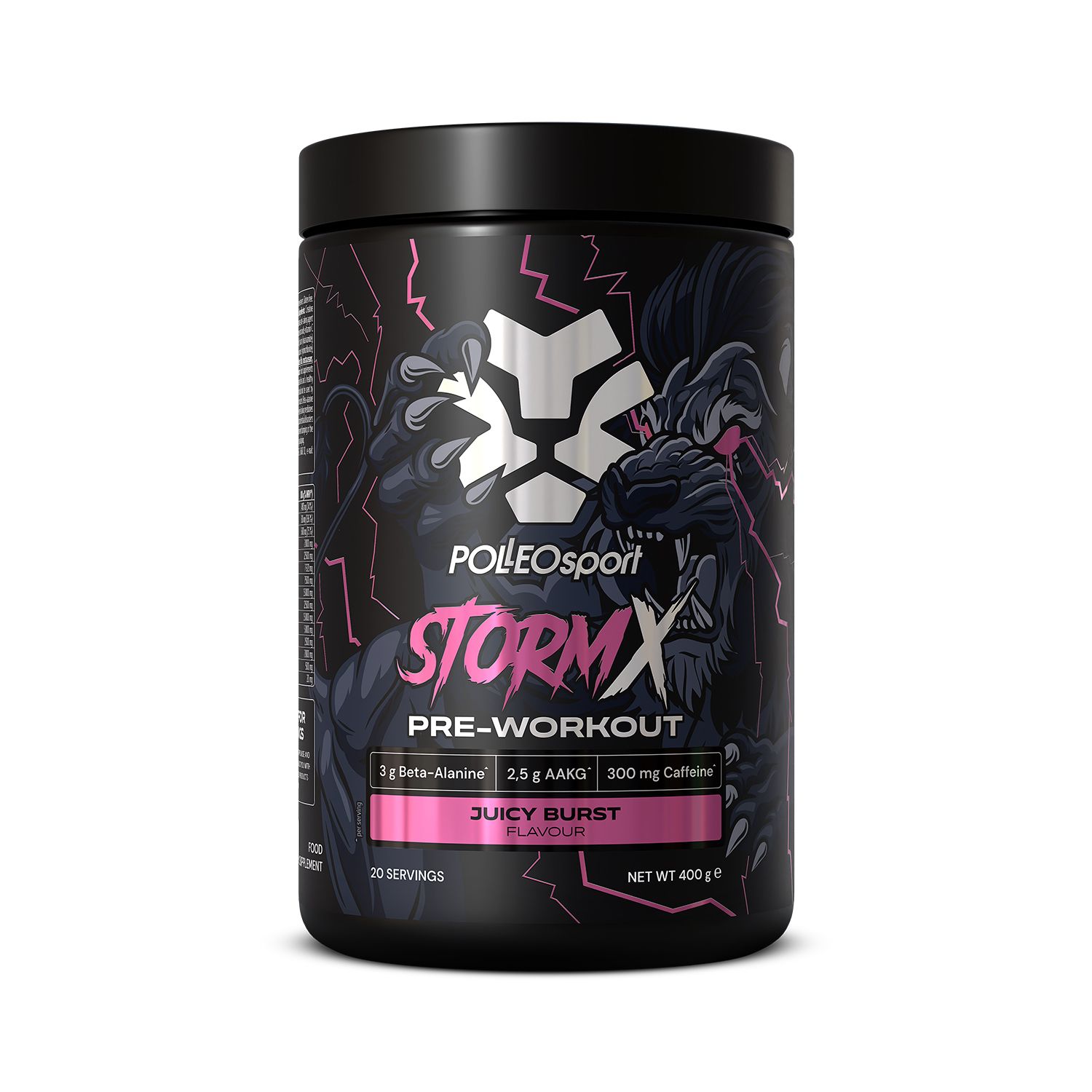 Schwarze Dose mit Aufschrift STORM X PRE-WORKOUT. Enthält 20 Portionen. Mit Logo und Produktinformationen.