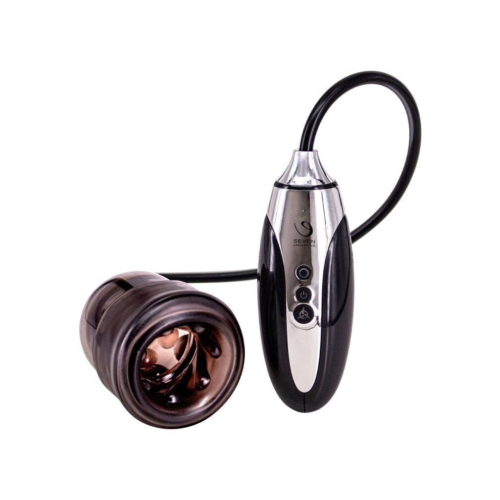 Schwarze Pumpe mit Steuerung. Steuerung mit Knöpfen. Produkt mit dem Logo von Seven Creations. Schwarzer Schlauch verbindet die Teile.