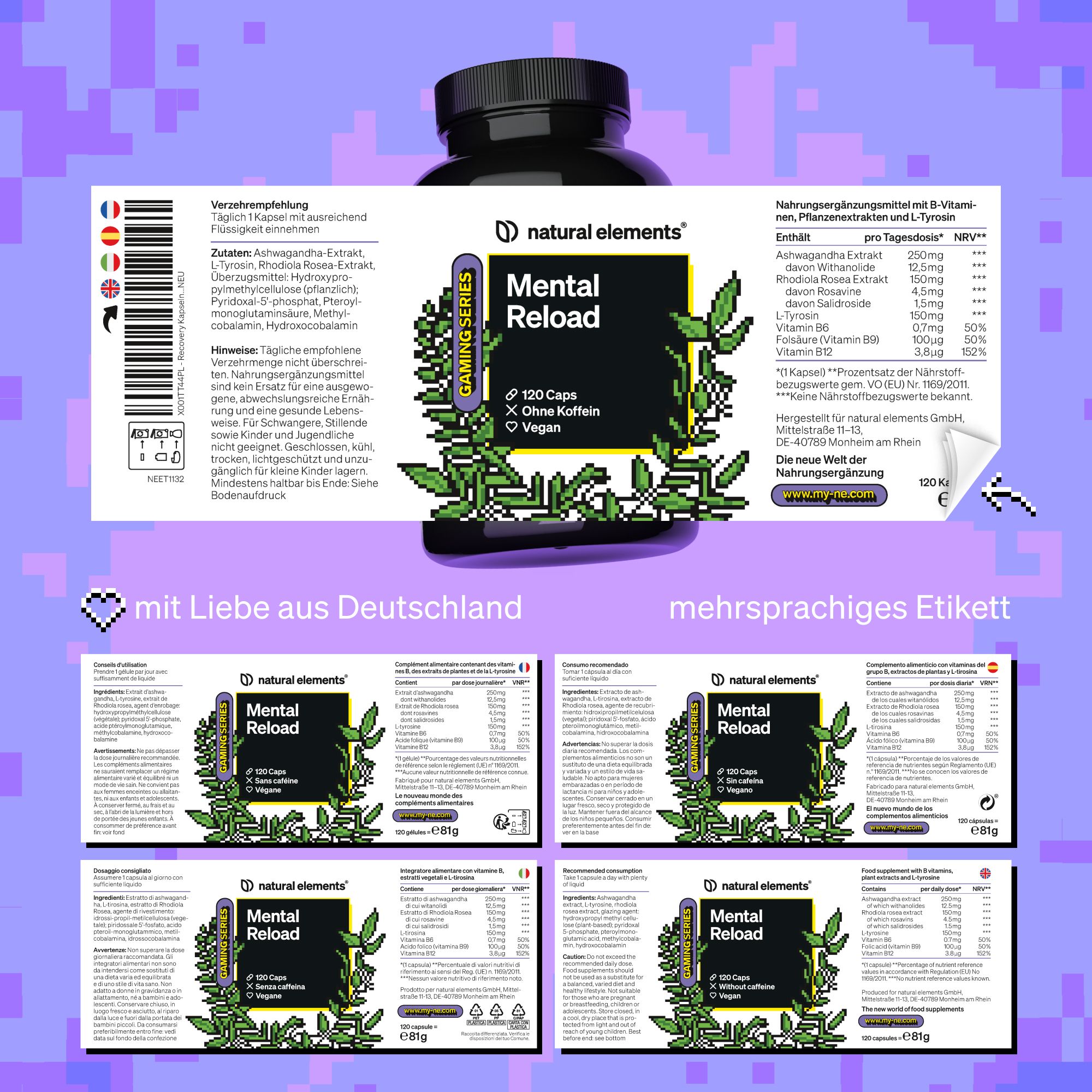 Mehrsprachige Etiketten von Mental Reload. Enthält Informationen zu Inhaltsstoffen und Nährwerten. Marke: natural elements.