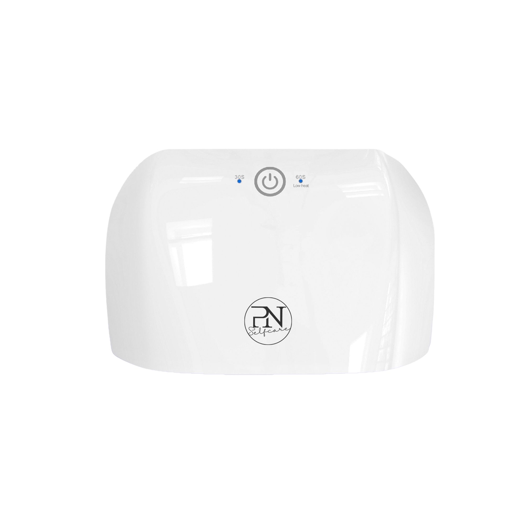 Weiße UV-Lampe für Nagelpflege. Mit Logo und zwei blauen Leuchten. Oberansicht, rechteckige Form.