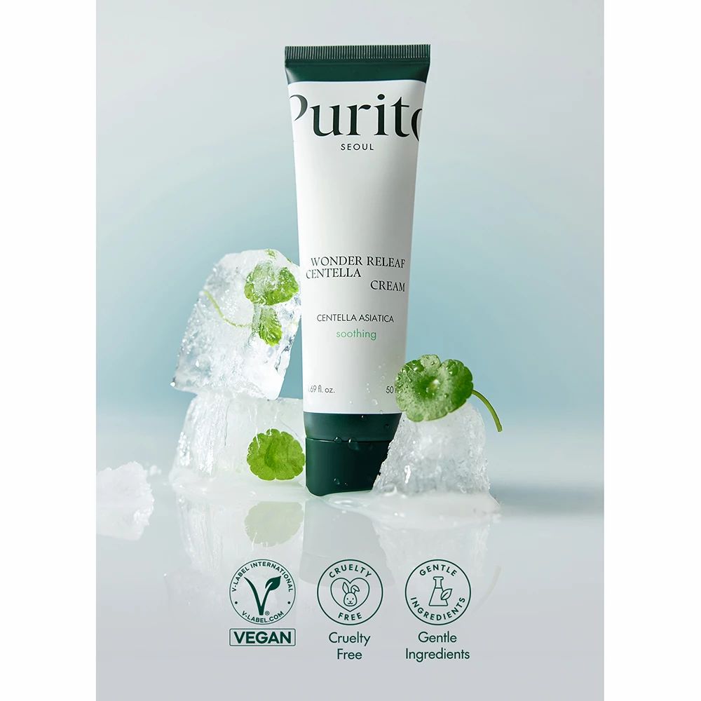 Tube mit Text: PURITO, Wonder Releaf Centella Cream. Eiswürfel, Blätter. Siegel: Vegan, Cruelty Free, Gentle Ingredients.