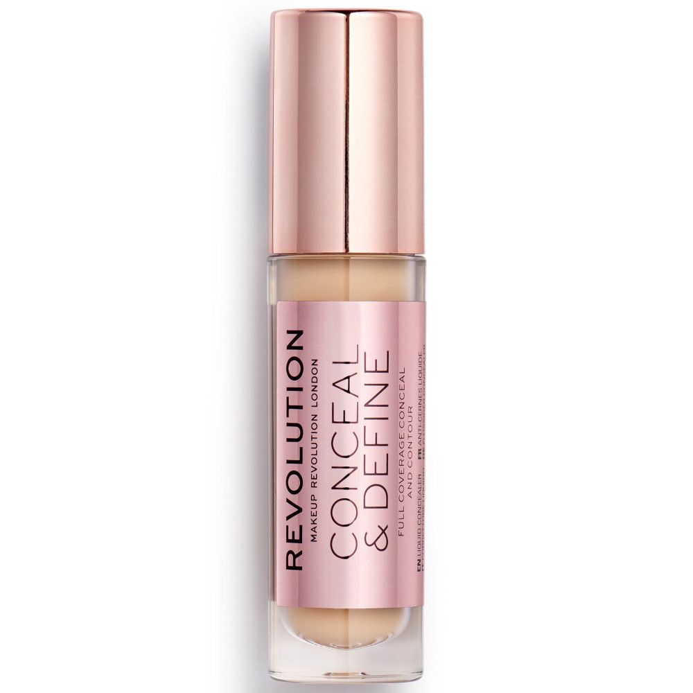 Concealer-Tube mit roségoldfarbenem Deckel. Auf dem Etikett steht "CONCEAL & DEFINE" und "MAKEUP REVOLUTION LONDON".