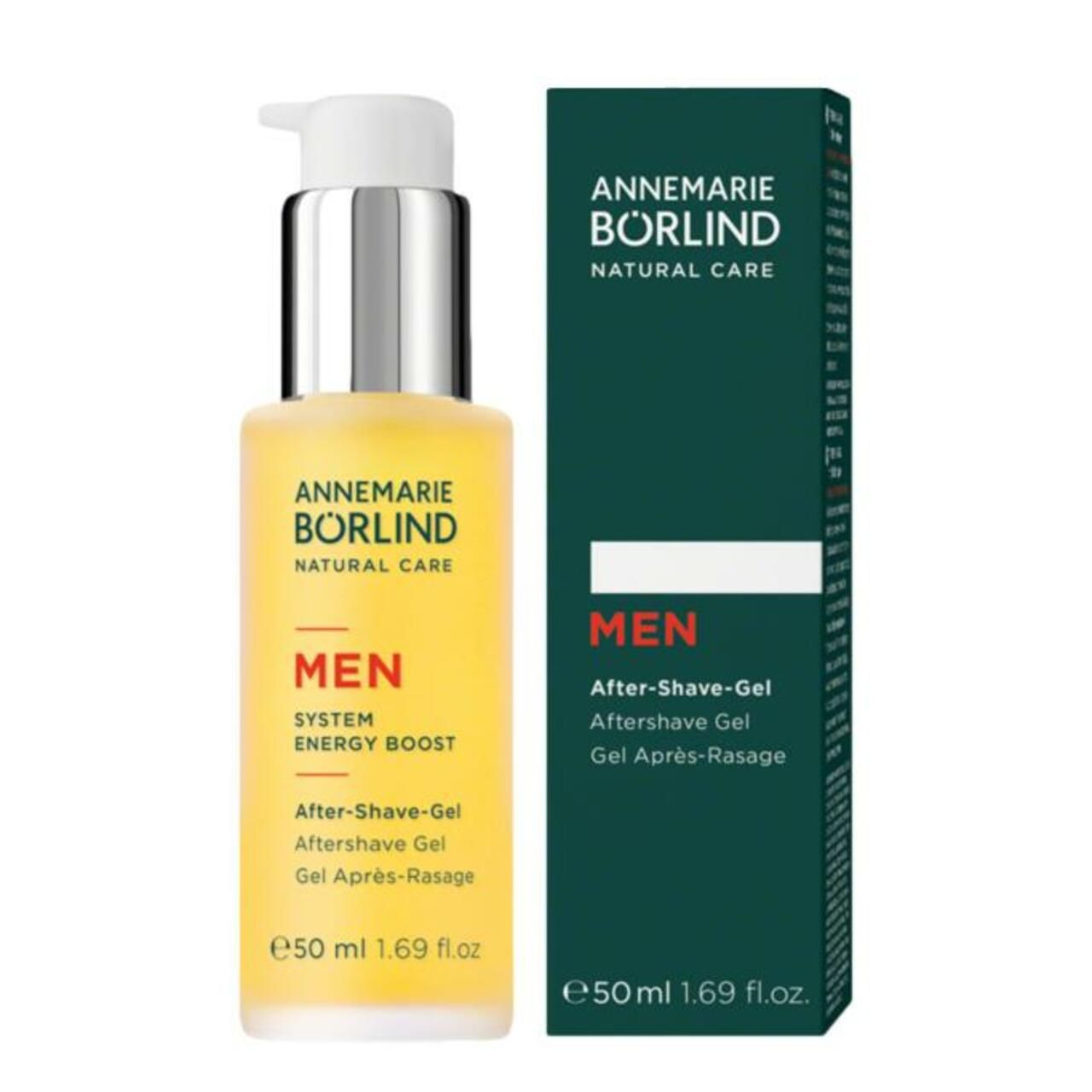 ANNEMARIE BÖRLIND MEN After-Shave-Gel. Gel gelblich, Flasche mit Pumpe. Aufschrift MEN, 50 ml.