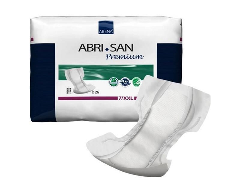Abena Abri-San Premium 7 XXL, einzeln und in Verpackung. Weißes Produkt mit blauer Verpackung. 26 Stück.