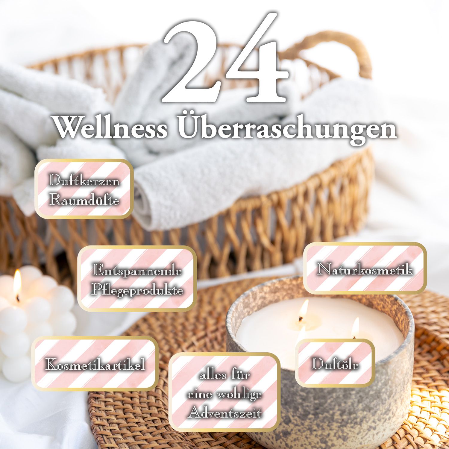 Korb mit Handtüchern, Kerzen und Textfeldern: Duftkerzen, Entspannende Pflegeprodukte, Naturkosmetik, Kosmetikartikel, alles für eine wohlig Adventszeit, Duftöle.