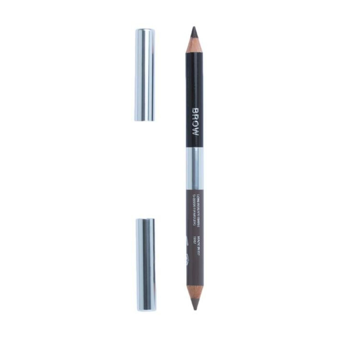 Doppel-Augenbrauenstift mit zwei Spitzen und zwei silbernen Kappen. Auf dem Stift steht „BROW“.