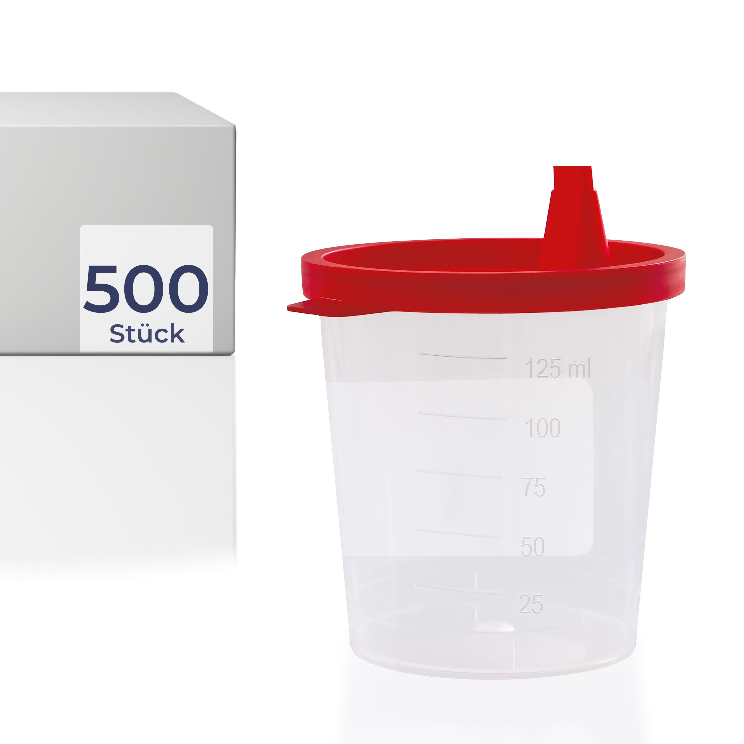 Becher mit rotem Schnappdeckel, Messskala, 500 Stück Verpackung.