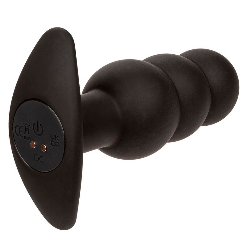 Schwarzer Butt-Plug mit drei Kugelsegmenten und flachem Griff. Enthält CE- und UKCA-Zeichen.