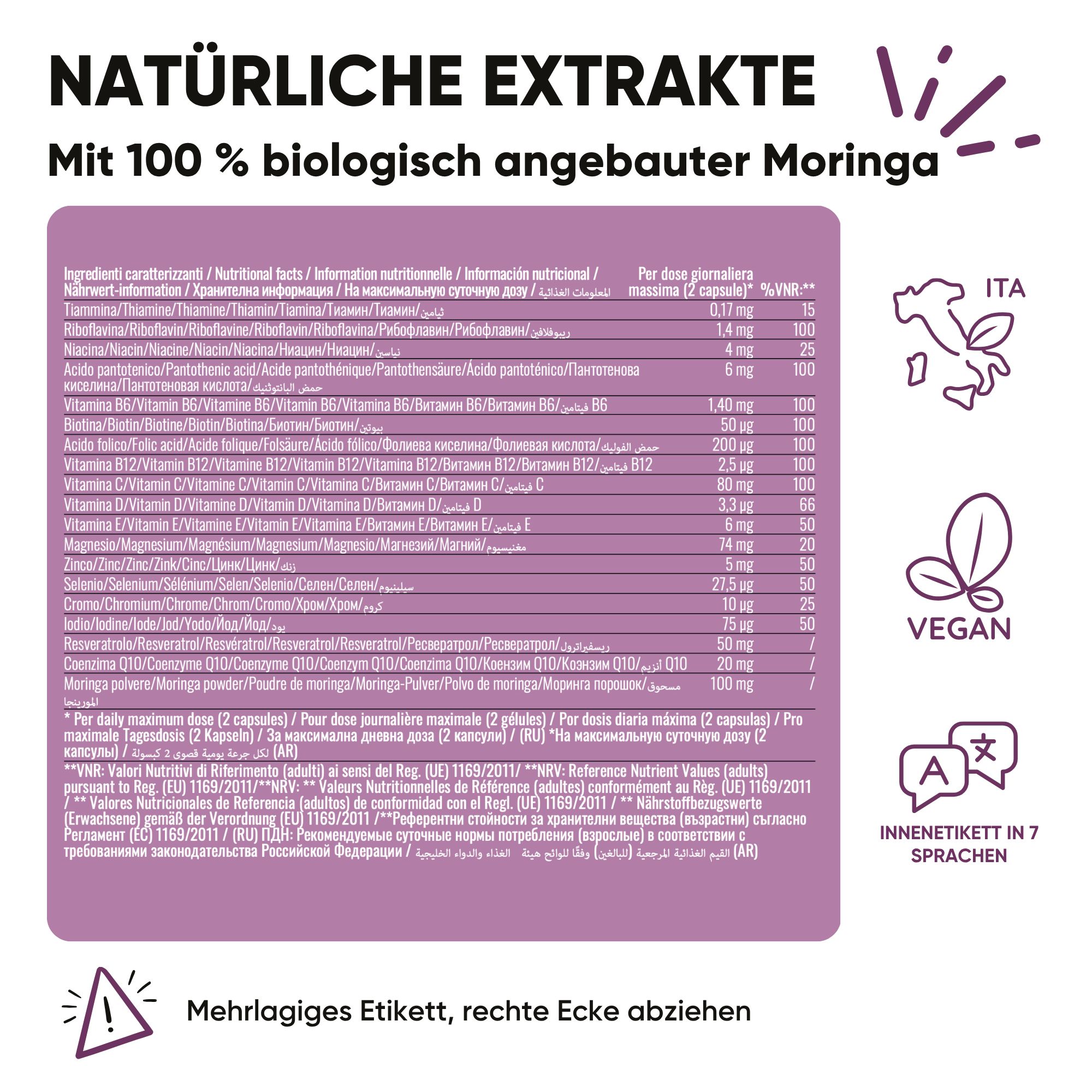 Nährwertangaben und Inhaltsstoffe für "Moringa Fertility per Lei". Vegan, 7 Sprachen.