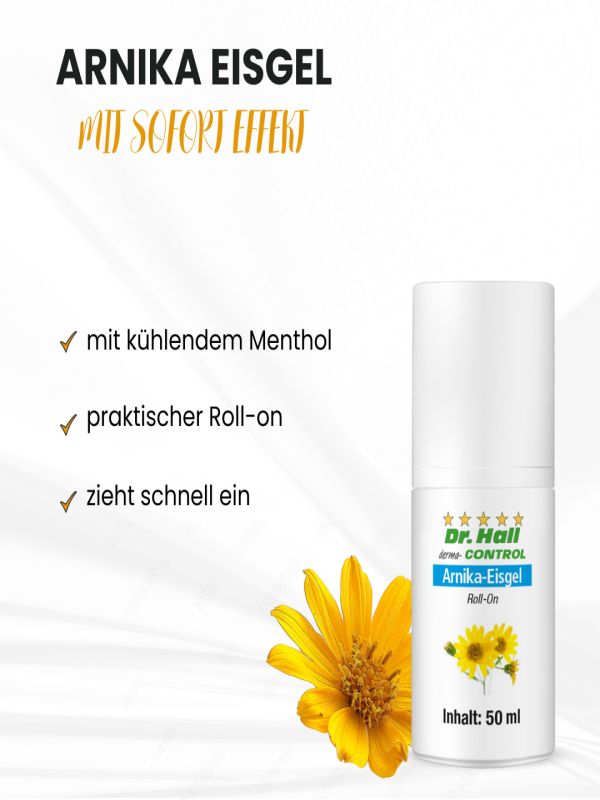 Roll-on-Flasche mit gelben Blüten. Text: Arnika Eisgel mit Sofort Effekt. Aufschrift: Dr. Hall Arnika-Eisgel. 50 ml.