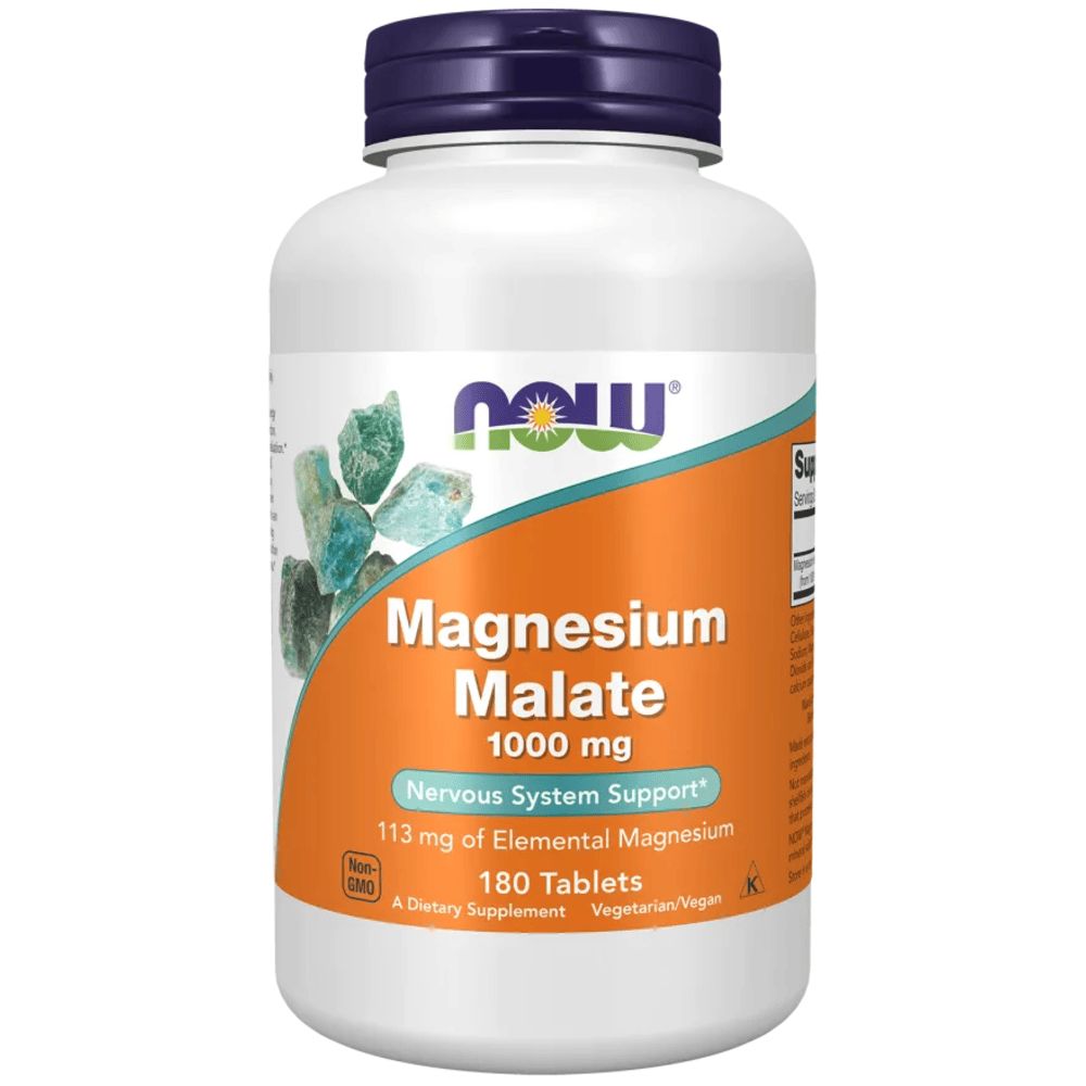 Weiße Flasche mit orangefarbenem Etikett. Aufschrift: Magnesium Malate 1000 mg, 180 Tabletten. Marke: NOW FOODS.
