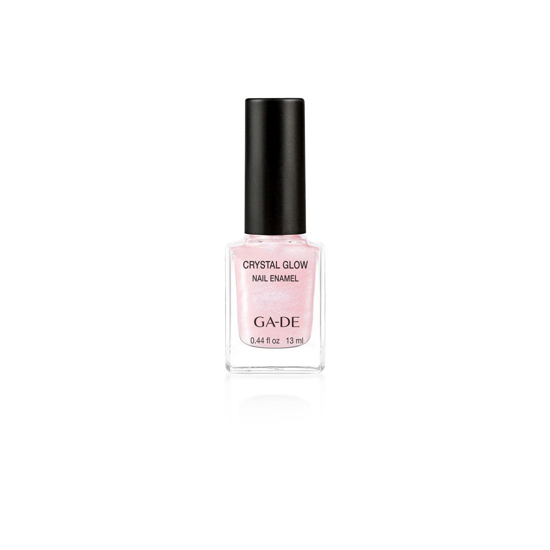 Nagellackflasche mit schwarzem Deckel. Aufschrift: Crystal Glow Nail Enamel, GA-DE. Inhalt: 13 ml.