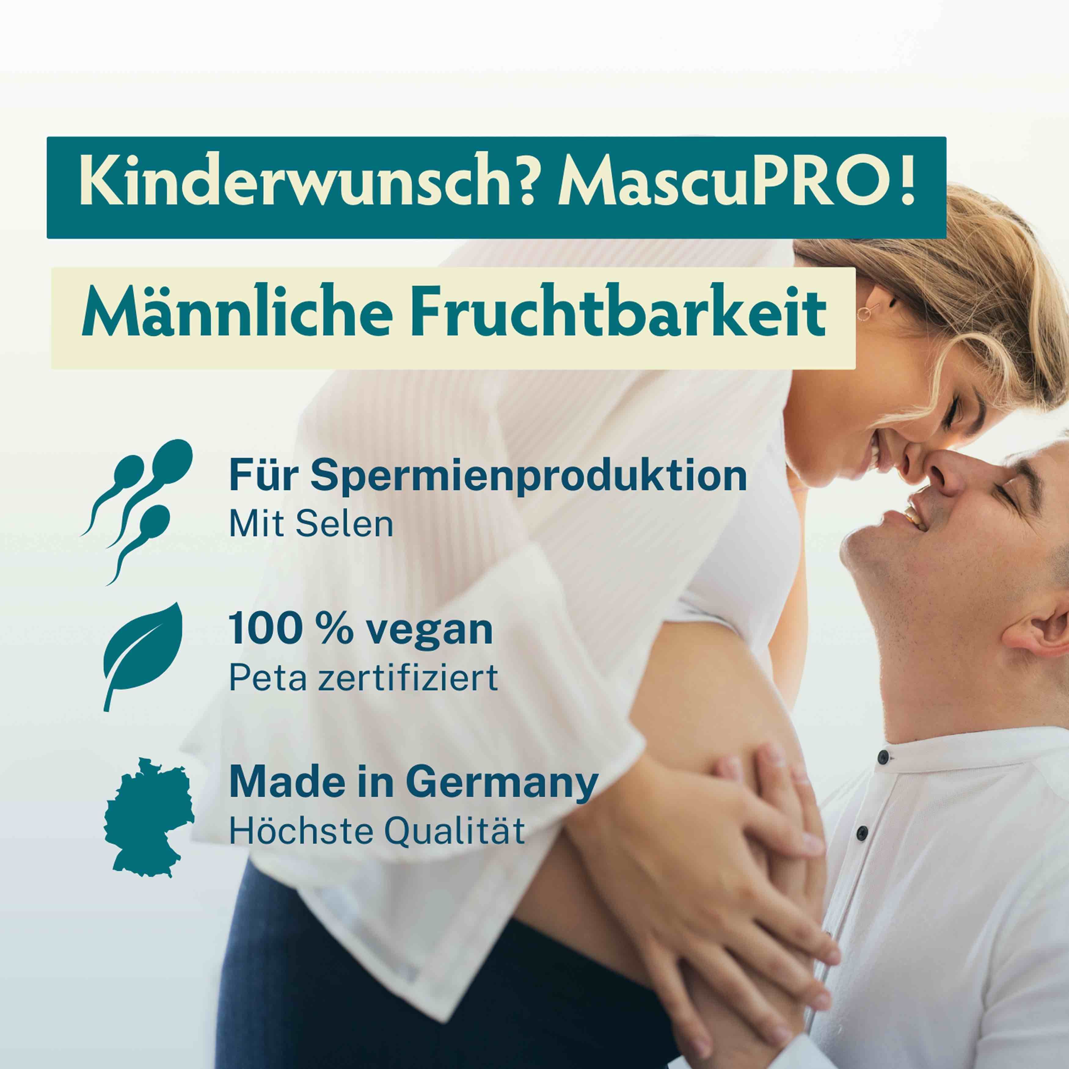 Paar, Mann und Frau, umarmen sich. Text: Kinderwunsch? MascuPRO! Männliche Fruchtbarkeit. 100% vegan, Peta zertifiziert, Made in Germany.