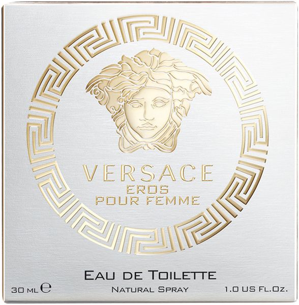 Quadratische Schachtel mit Versace-Logo und 'Eros Pour Femme'. Aufschrift 'Eau de Toilette' und '1.0 US FL OZ'.