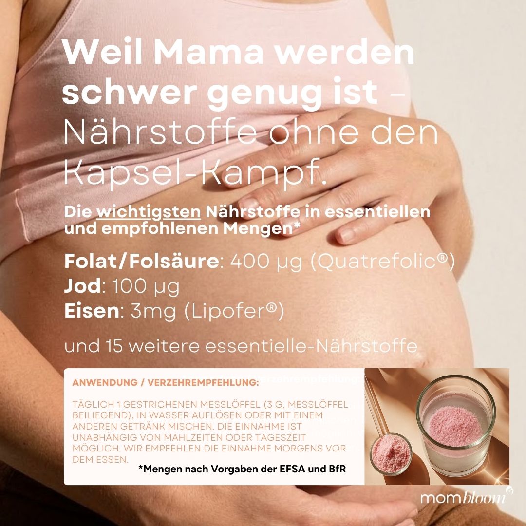 Textabschnitte mit Informationen zu Inhaltsstoffen. Folat/Folsäure, Jod, Eisen. mombloom® Logo.