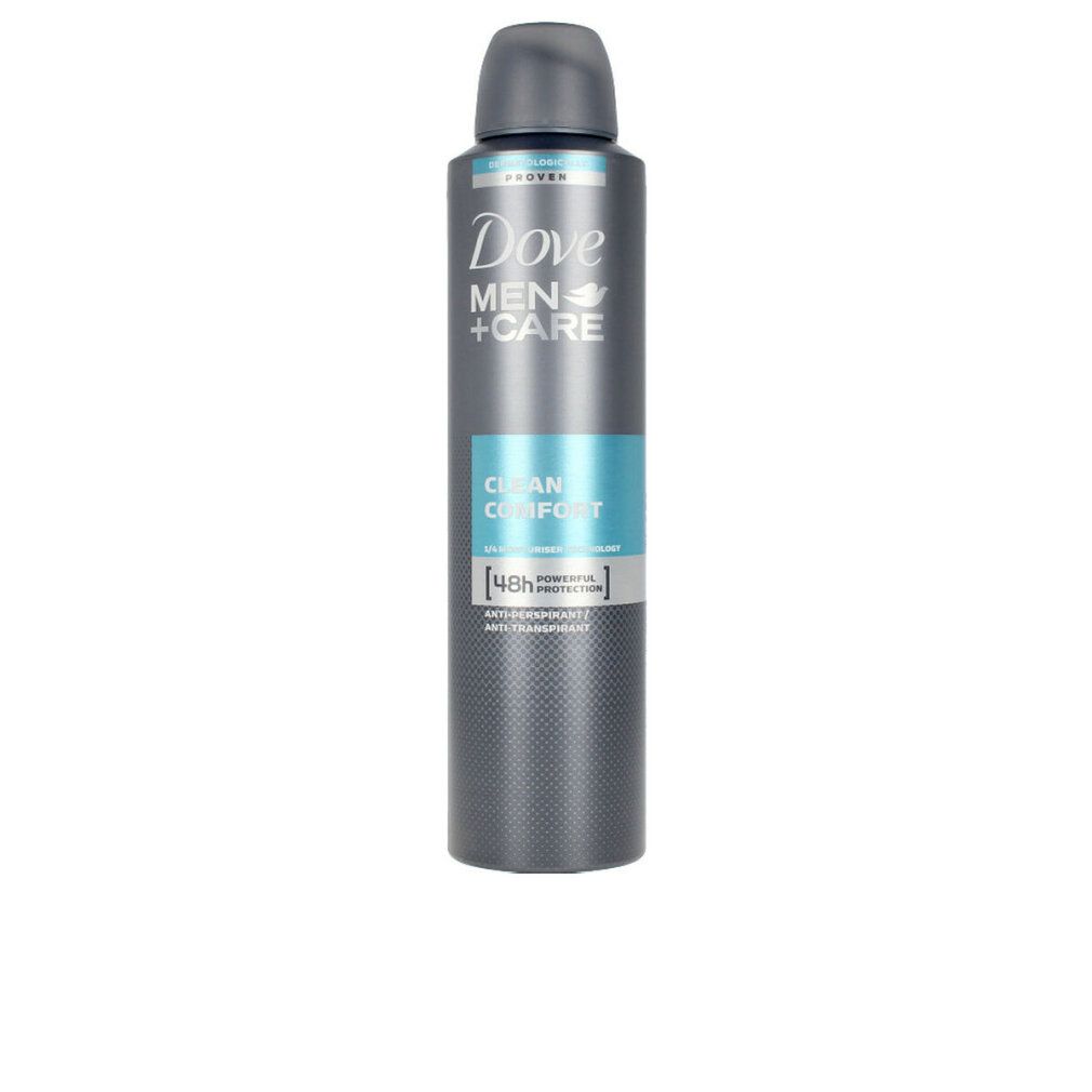 Graue Sprühflasche Dove Men+Care Clean Comfort. Blaue und weiße Beschriftung. 48h Powerful Protection.