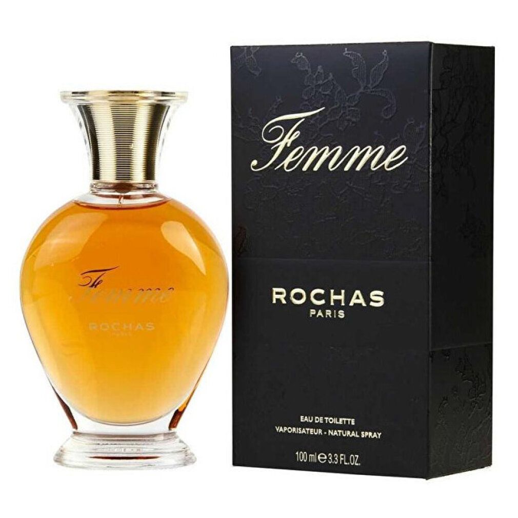 Parfümflakon und Schachtel. Flakon mit goldfarbenem Verschluss. Aufschrift "Femme" und "Rochas Paris". Schwarze Schachtel.