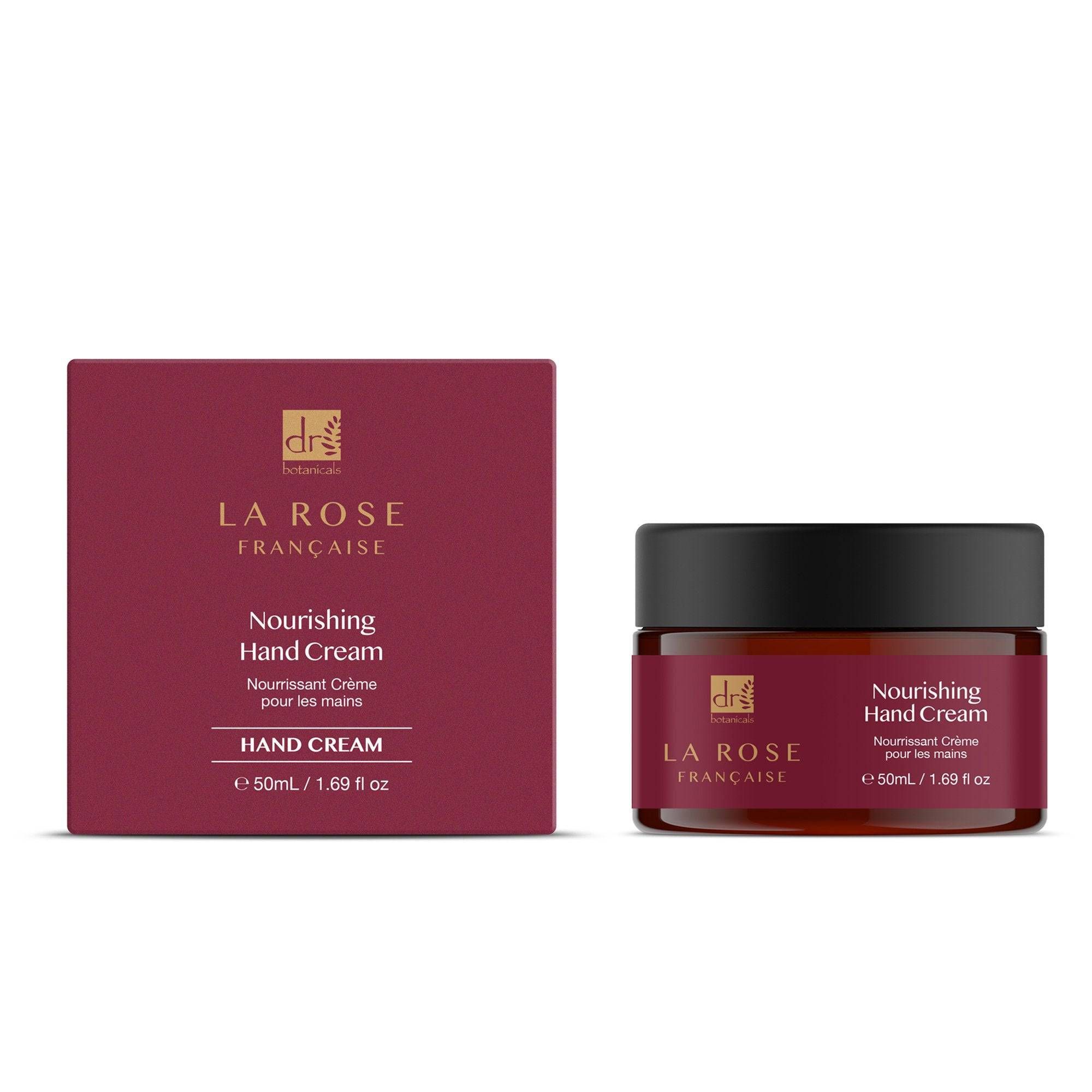 Handcreme und Verpackung. Aufschrift: La Rose Francaise, Nourishing Hand Cream. Braune Glasdose mit schwarzem Deckel.