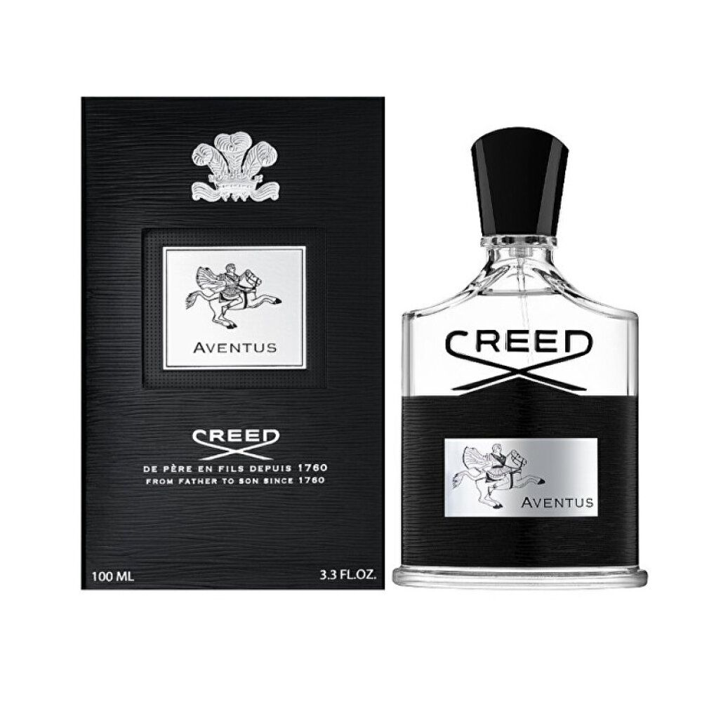 Schwarze Box und Flakon. Auf der Box: Logo, Text AVENTUS, Creed. Flakon: Creed, AVENTUS, 100 ml.