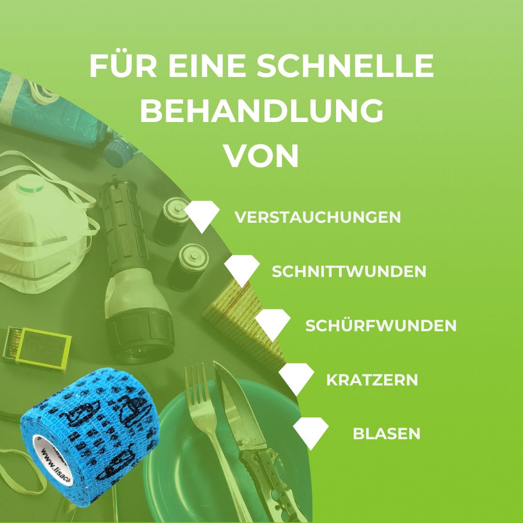 Blaues, selbsthaftendes Verbandrolle mit schwarzen Punkten, umgeben von medizinischen Artikeln und Text.