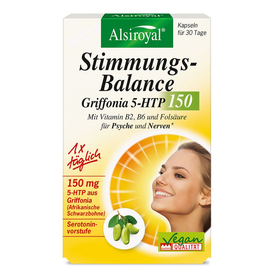 Verpackung von Alsiroyal Stimmungs-Balance Griffonia 5-HTP 150. Weiß-gelbe Schachtel mit Produktinformationen und Logo. Vegan-Qualität.