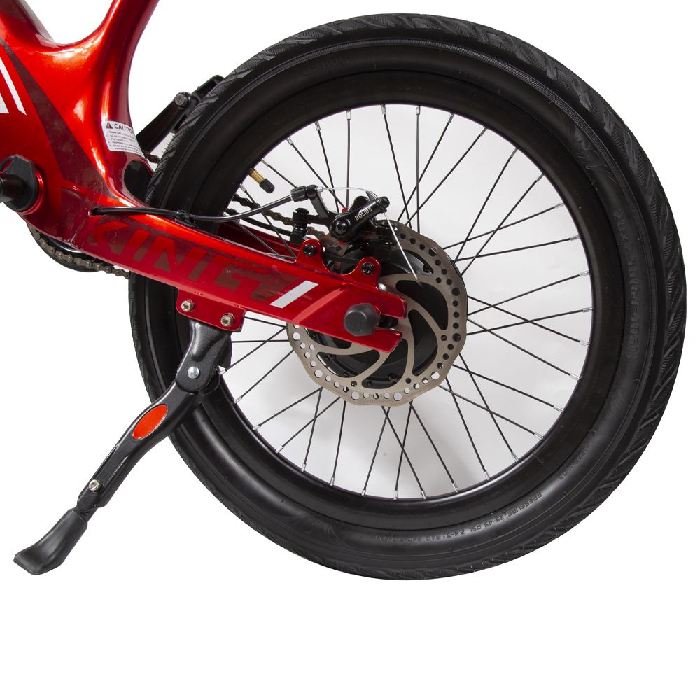 Rotes Elektrofahrrad, Detailansicht Hinterrad. Schwarzer Reifen, Bremsscheibe, Ständer. Felge mit Speichen.