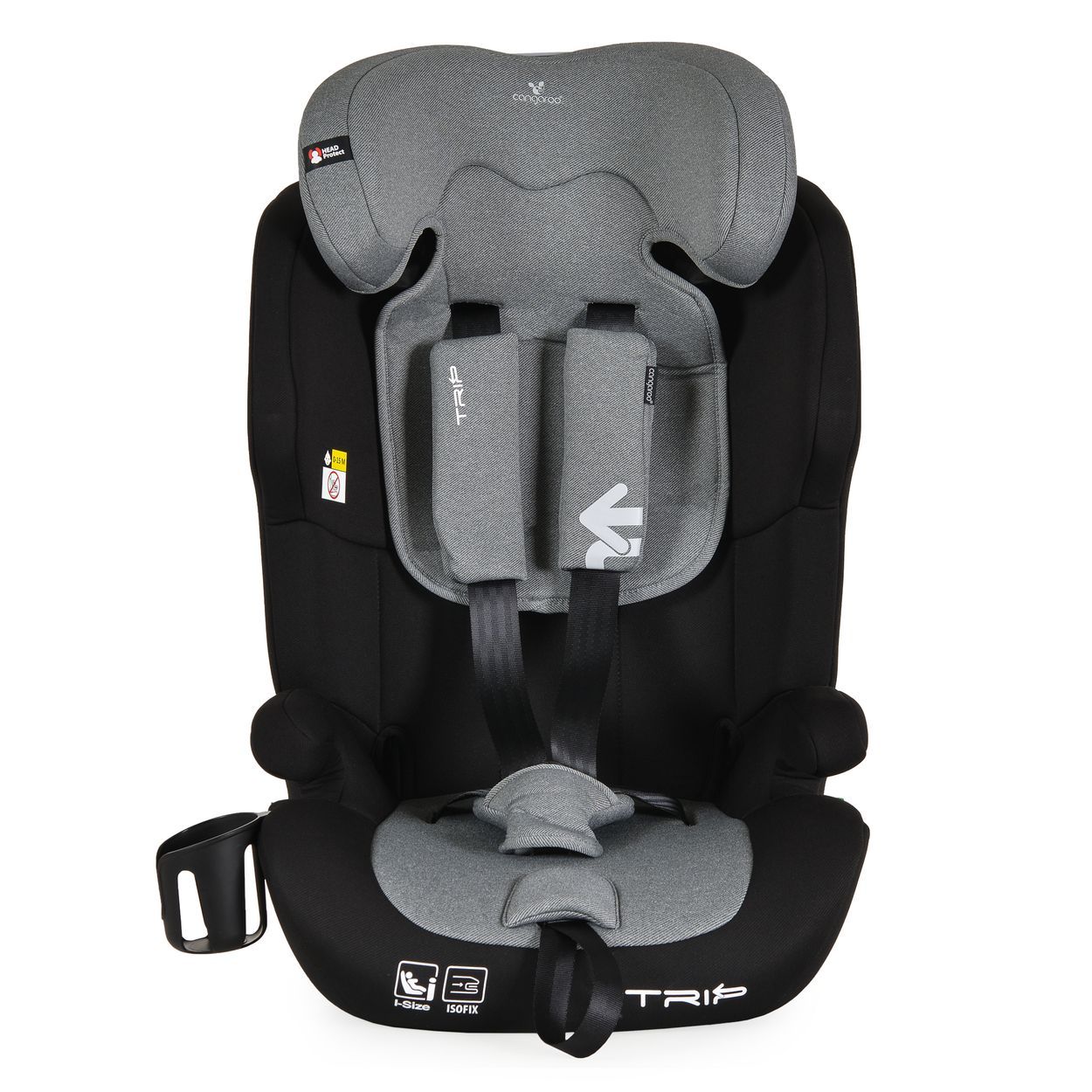 Schwarzer Kindersitz mit verstellbarer Kopfstütze, grauen Polstern und 5-Punkt-Gurt. Becherhalter.