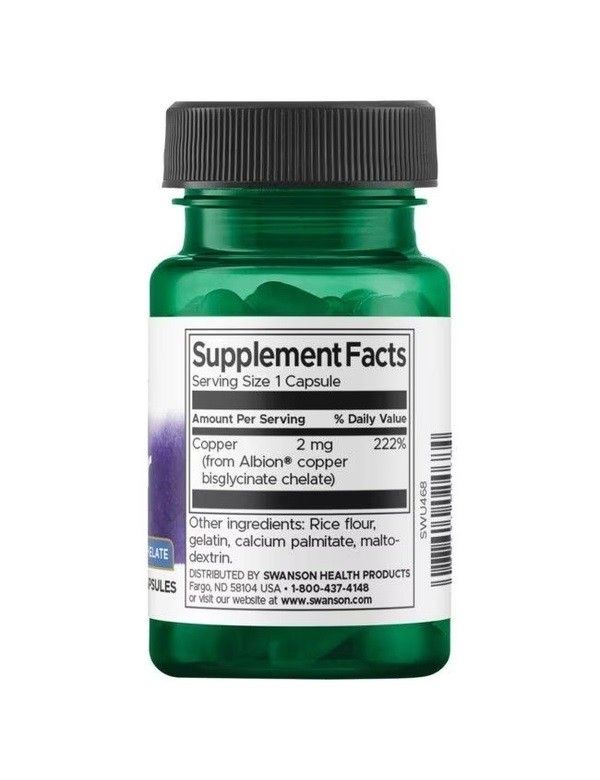 Rückseite der grünen Flasche. "Supplement Facts"-Tabelle mit Nährwertangaben für Kupfer. Enthält 2 mg Kupfer.