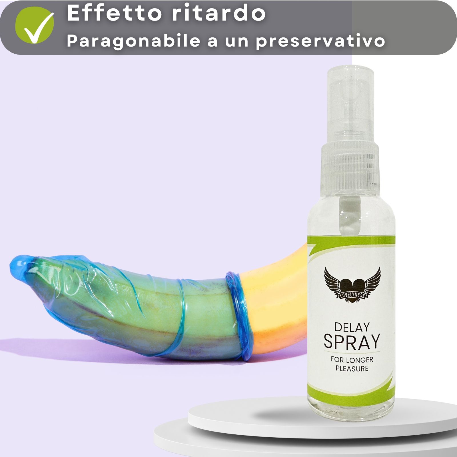 Flacone spray. Testo: Delay Spray, For Longer Pleasure. Banana con preservativo. Testo: Effetto ritardo.
