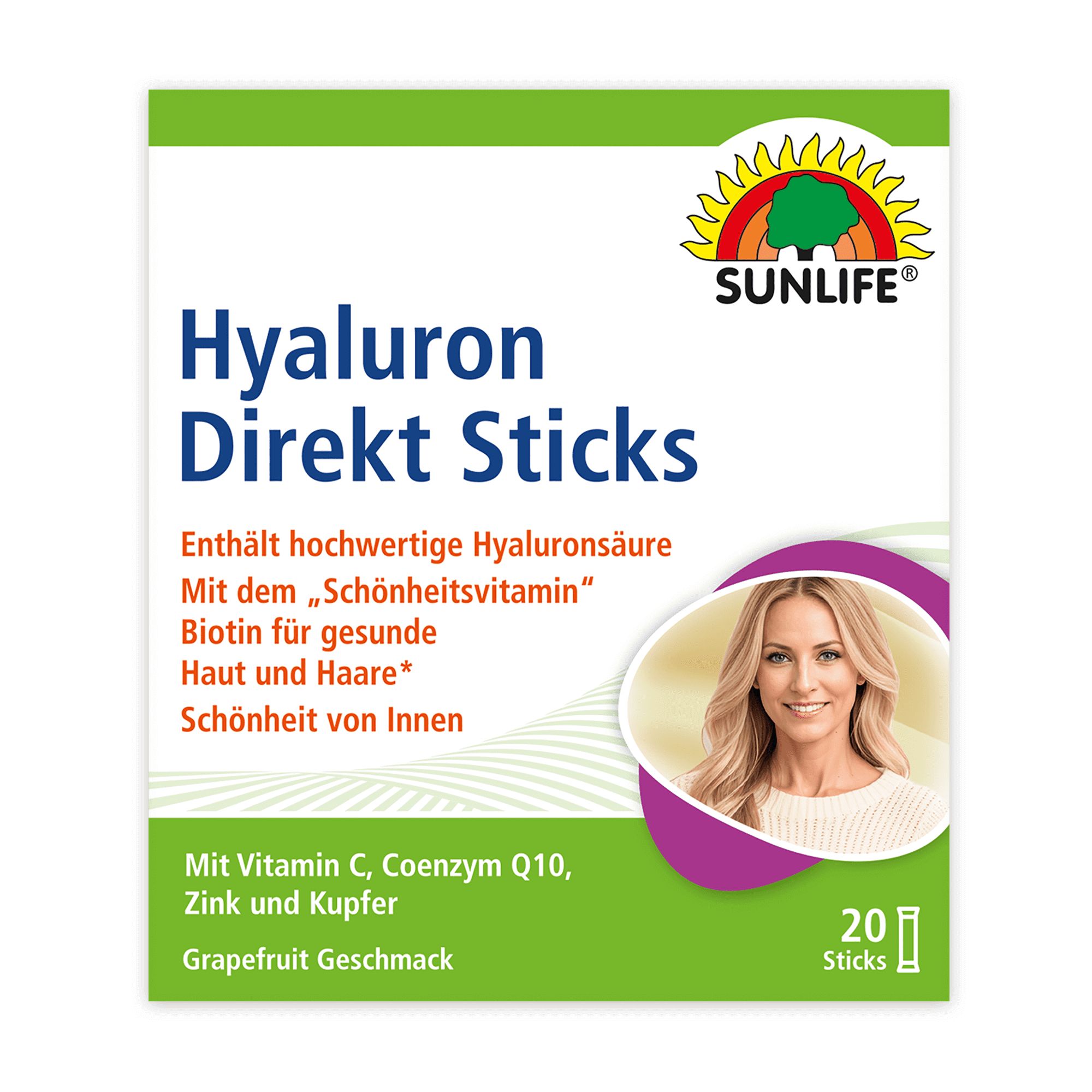 Verpackung von SUNLIFE® Hyaluron Direkt Sticks. Enthält 20 Sticks. Grün-weiße Schachtel mit Produktnamen und Frau.
