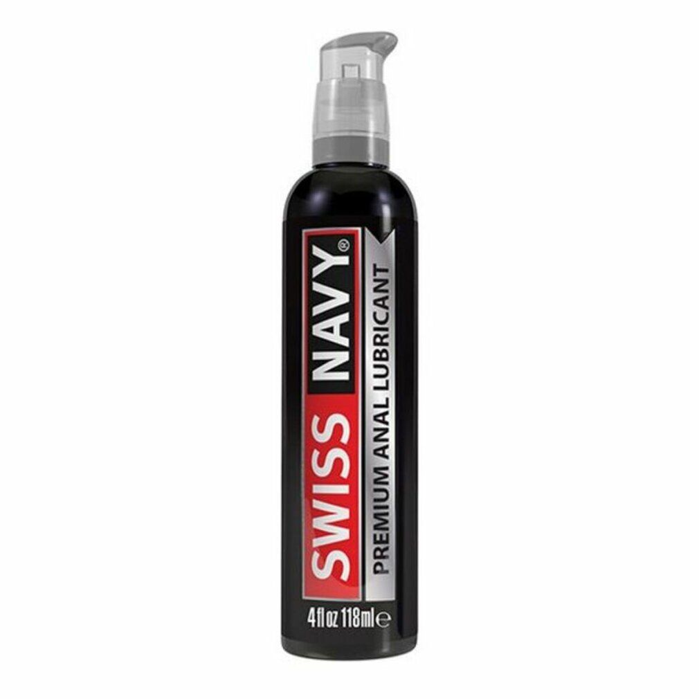 Dunkle Flasche mit Pumpe. Aufschrift: Swiss Navy, Premium Anal Lubricant. Volumen: 4 fl oz 118 ml.