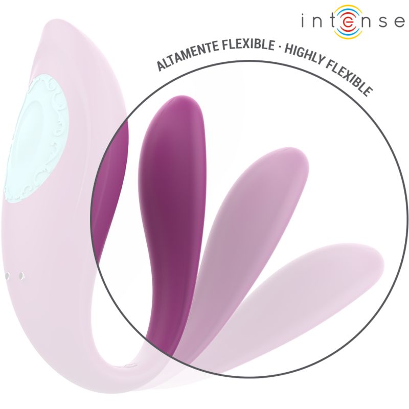 U-förmiger Vibrator, lila, mit hellblauem Akzent. Nahaufnahme zeigt Flexibilität.