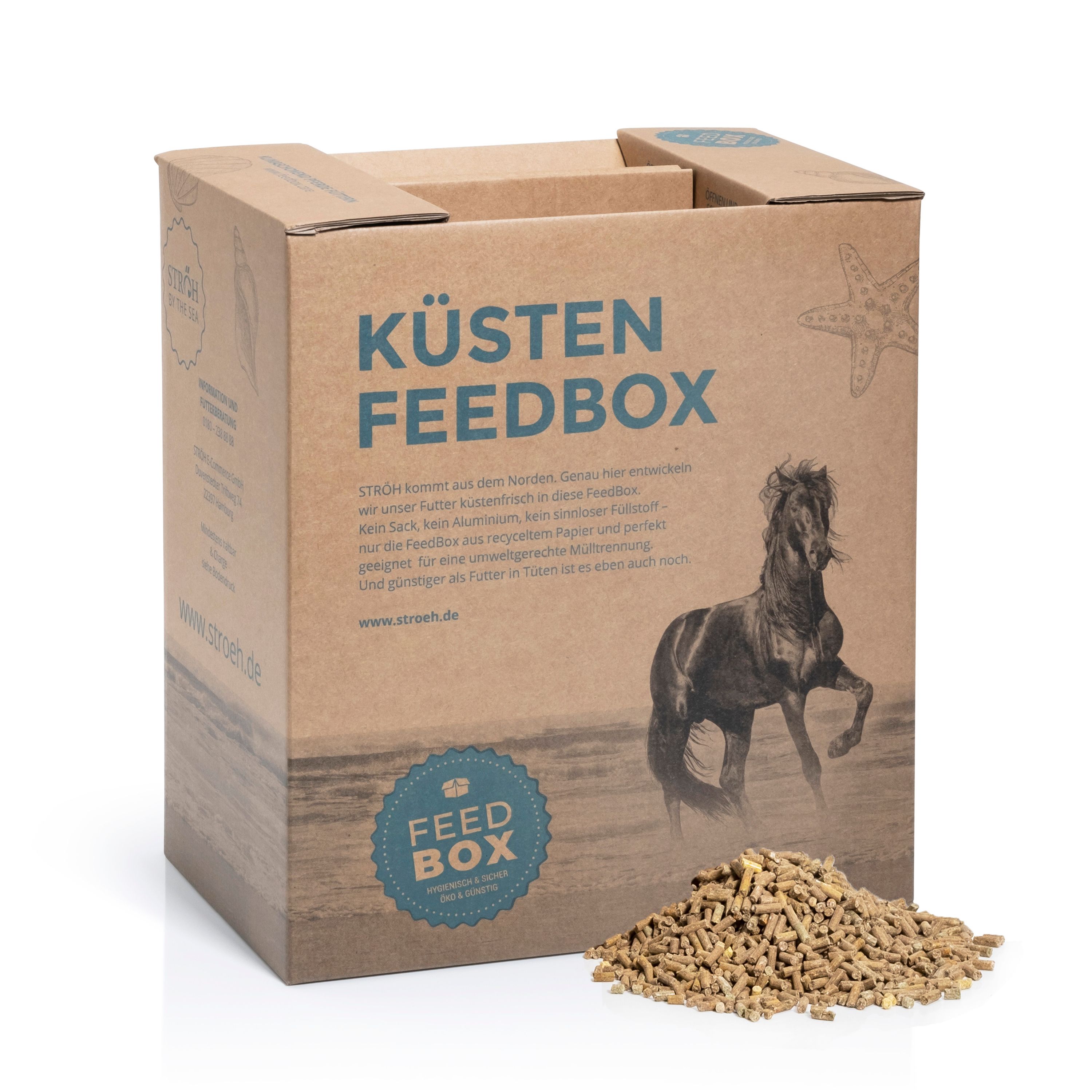 Karton mit Aufdruck „KÜSTEN FEEDBOX“ und Abbildung eines Pferdes. Daneben Pellets. Marke STRÖH.