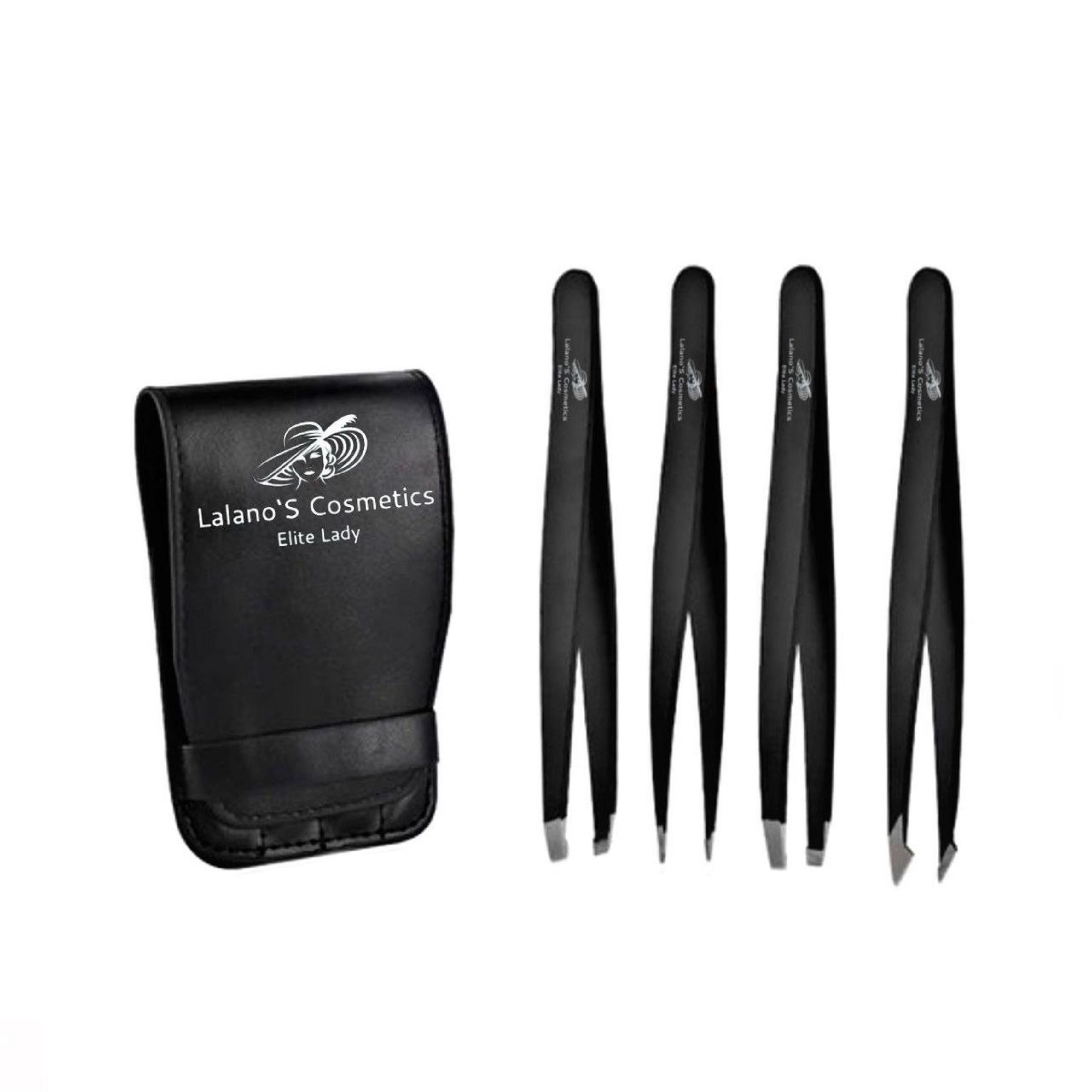 Schwarzes Etui und drei schwarze Pinzetten. Auf dem Etui steht "Lalano'S Cosmetics Elite Lady". Pinzetten in verschiedenen Formen.