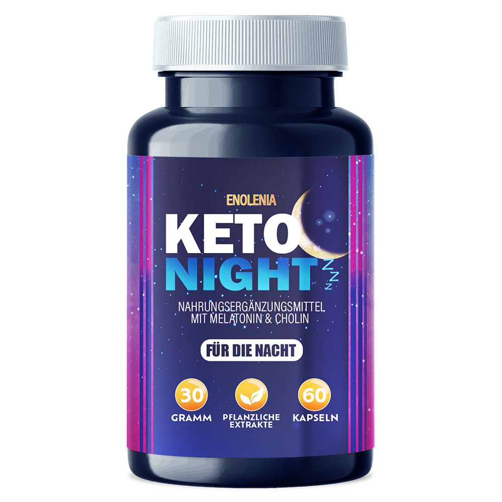 Dunkelblaue Dose mit Enolenia Keto Night Aufschrift, Mond und Sternen.