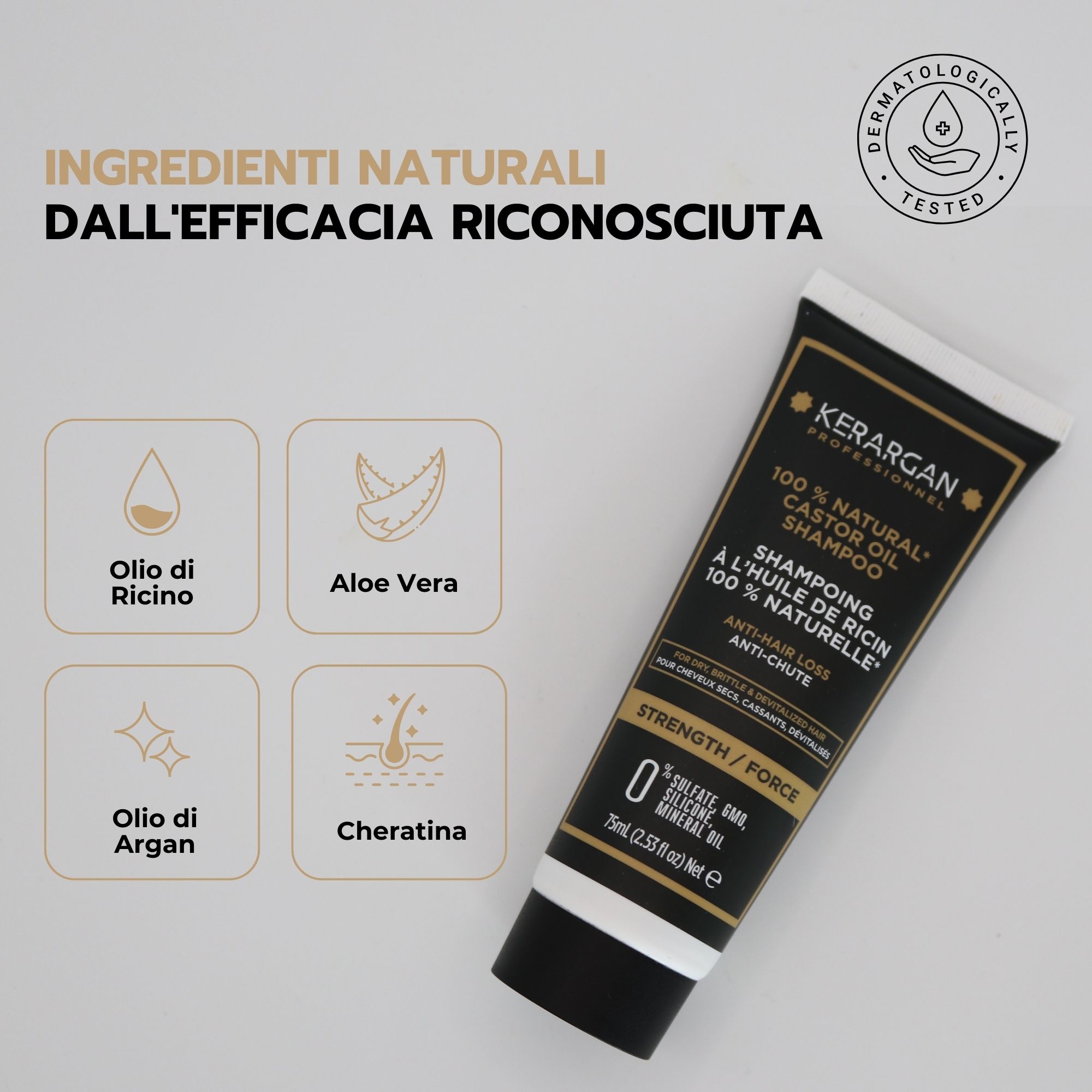 Tubo di shampoo Kerargan. Testo: Ingredienti naturali dall'efficacia riconosciuta. Ingredienti illustrati.