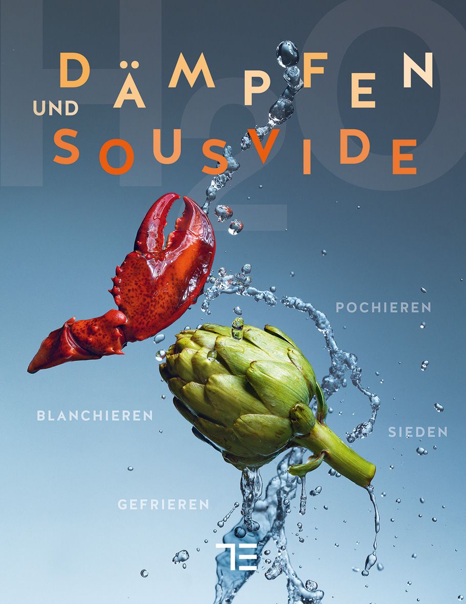 Lobster-Klaue, Artischocke und Wasser. Text: Dämpfen und Sous-vide, Blanchieren, Gefrieren, Pochieren, Sieden.