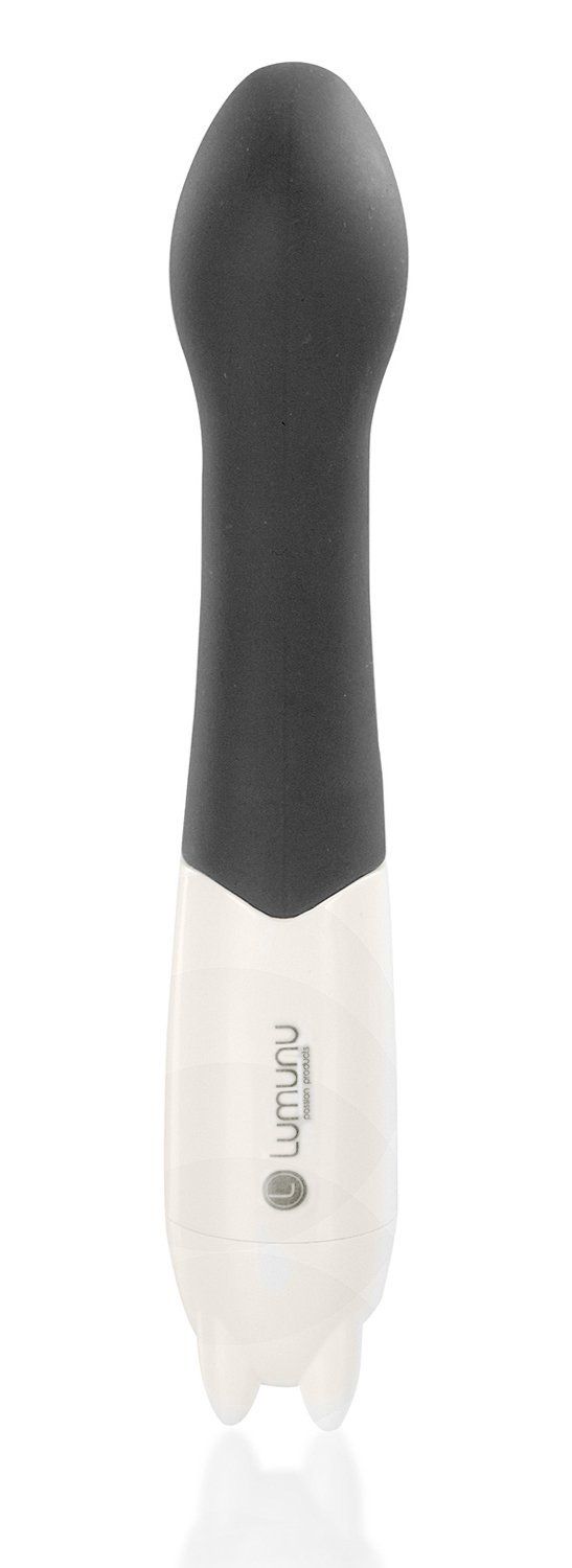 Silikon-Vibrator, schwarz und weiß. Der Griff ist weiß, der Rest schwarz. Auf dem Griff steht Lumunu.
