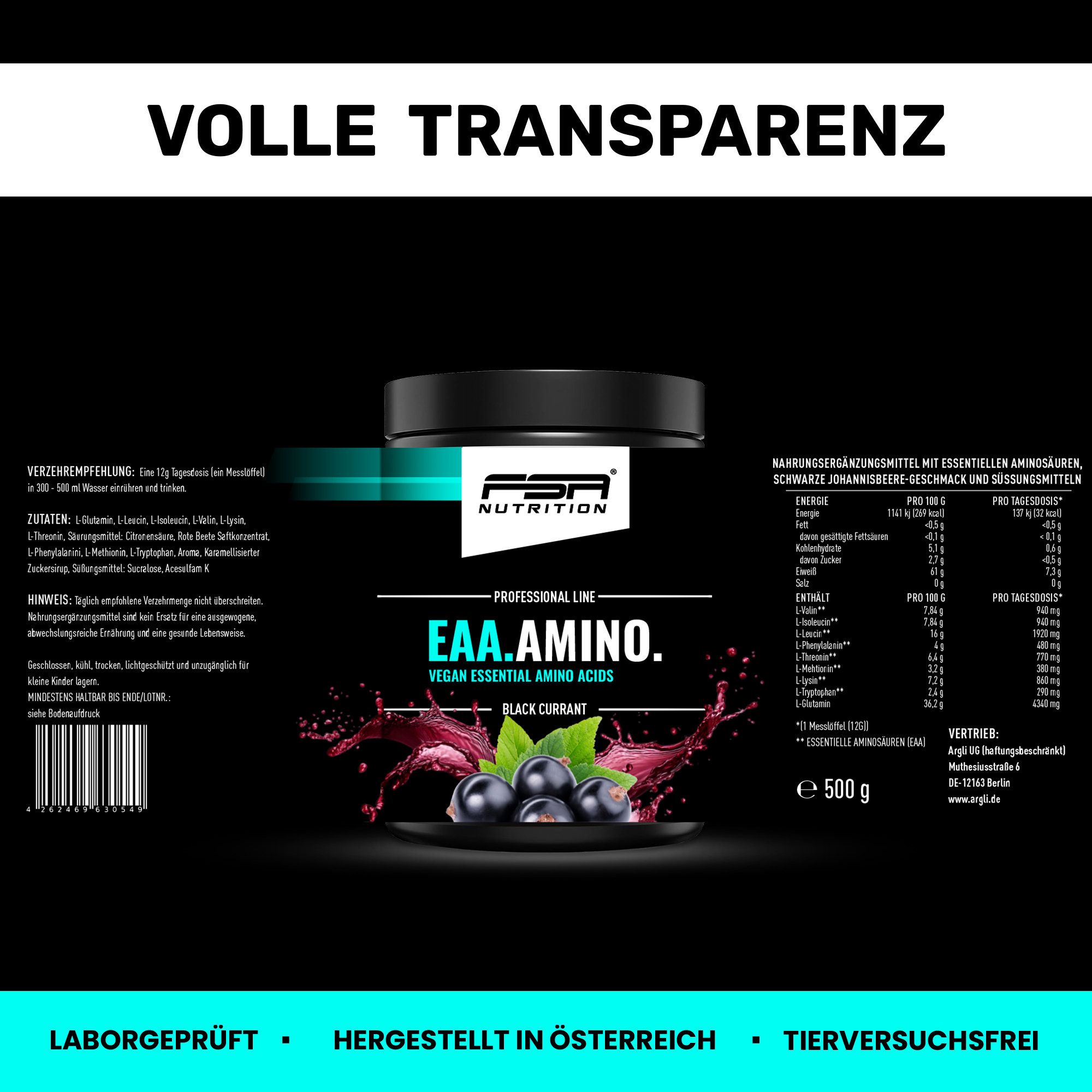 Schwarze Dose FSA Nutrition EAA Amino. Text: Vegan, Black Currant. Nährwertangaben. Laborgeprüft. Hergestellt in Österreich. Tierversuchsfrei.