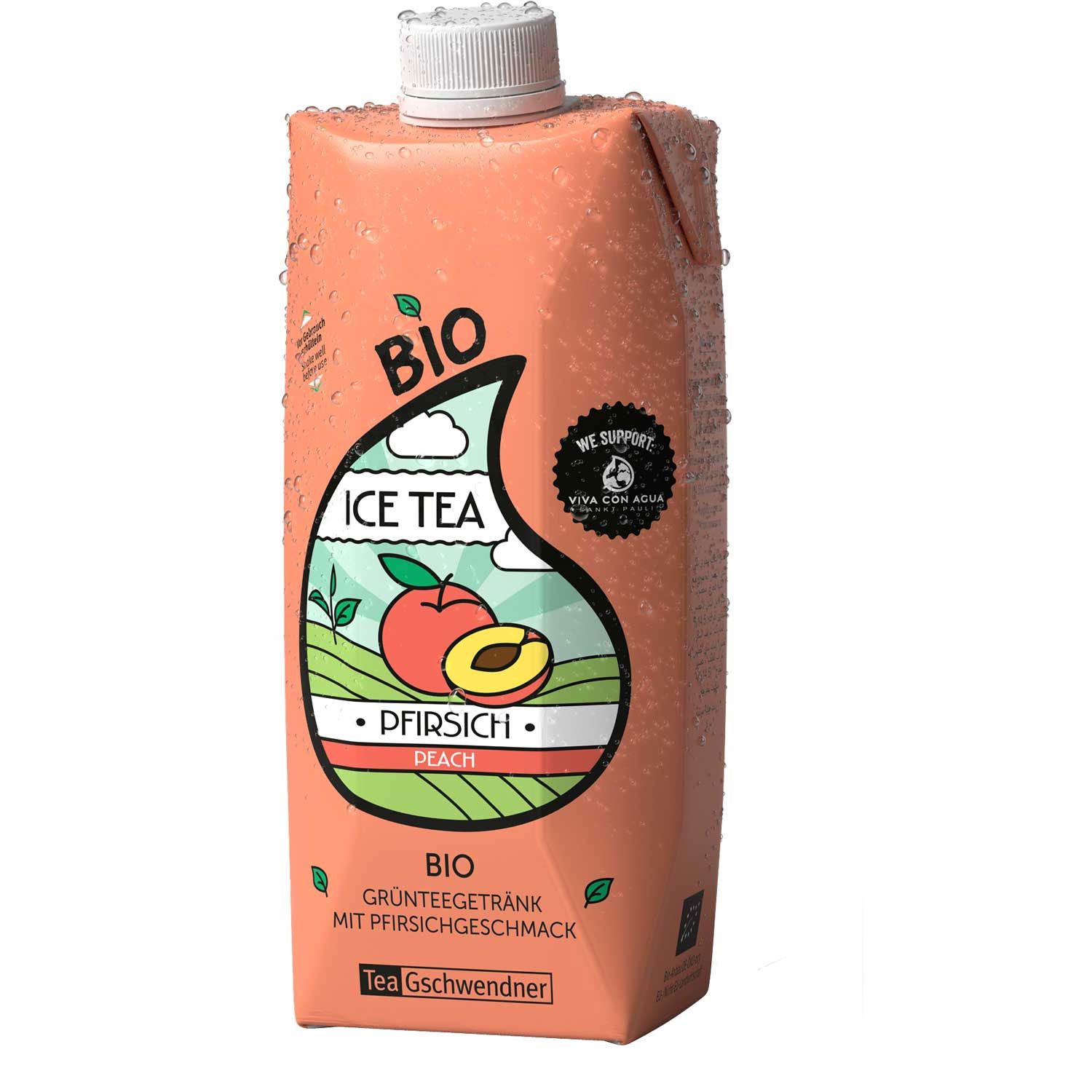 Tetrapack Eistee Pfirsich BIO. Aufdrucke: BIO, Ice Tea, Pfirsich, Tee Gschwendner. Mit weißem Schraubverschluss.