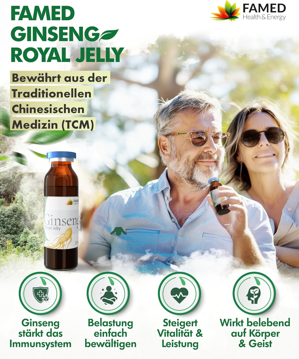 FAMED Ginseng Royal Jelly-Ampulle. Mann und Frau halten Ampulle. Vier Icons mit Text: Immunsystem, Belastung, Vitalität, Geist.