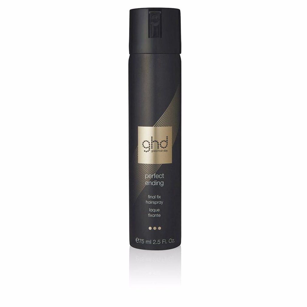 Schwarze Haarspray-Dose mit goldenem Schriftzug "ghd perfect ending final fix hairspray".
