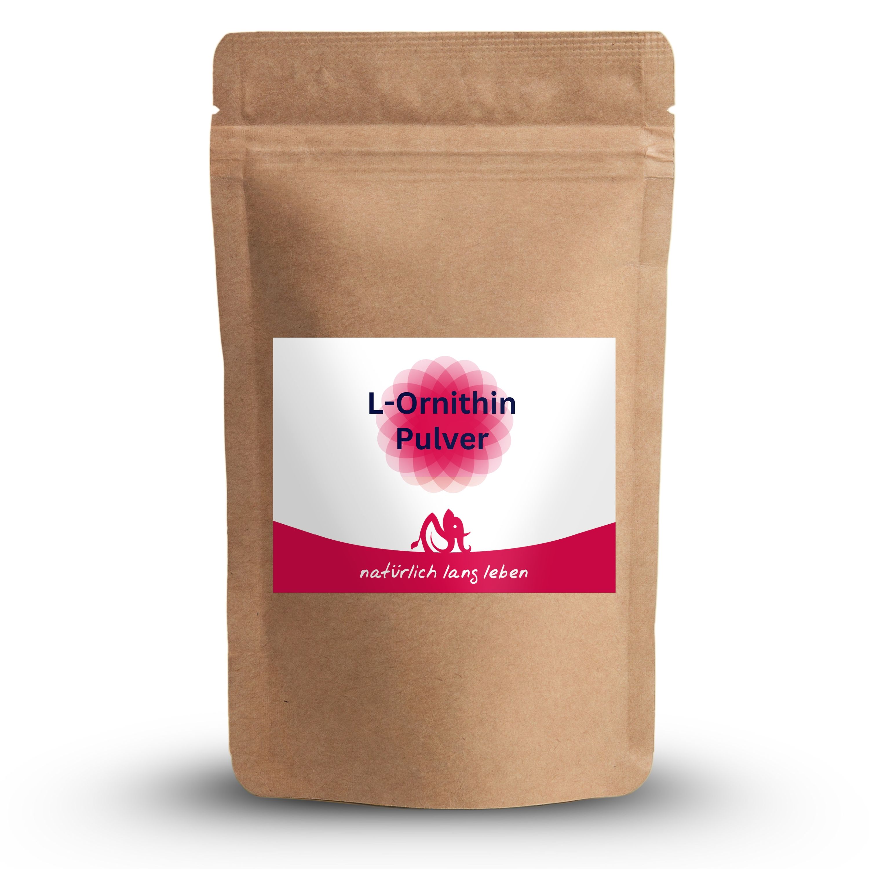 Beutel mit L-Ornithin Pulver. Aufdruck mit Produktnamen und Logo. Braune Papierverpackung.