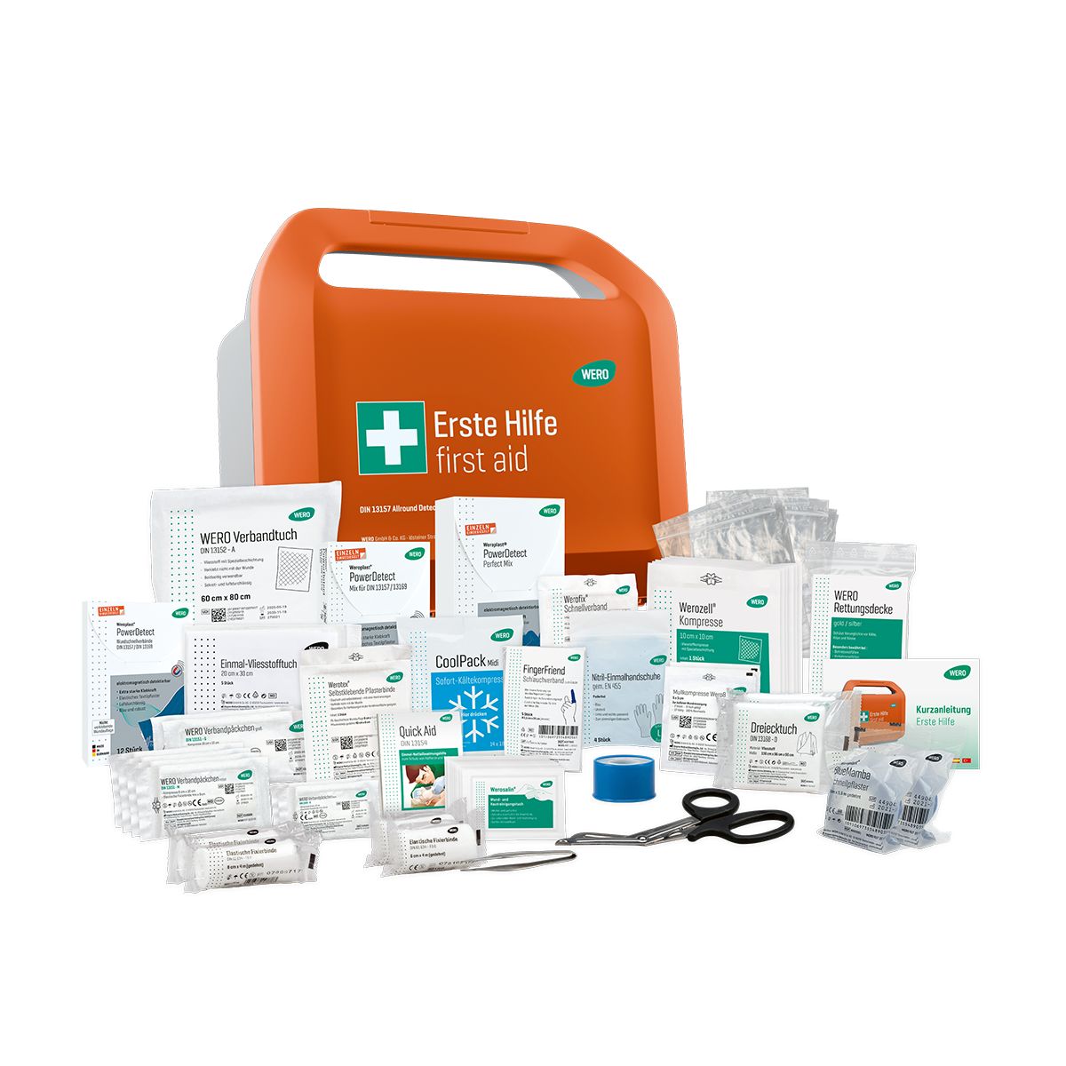 Orange Erste Hilfe Koffer mit Inhalt. Weißes Kreuz, Text: Erste Hilfe, first aid. Marke WERO. Verbandsmaterial.