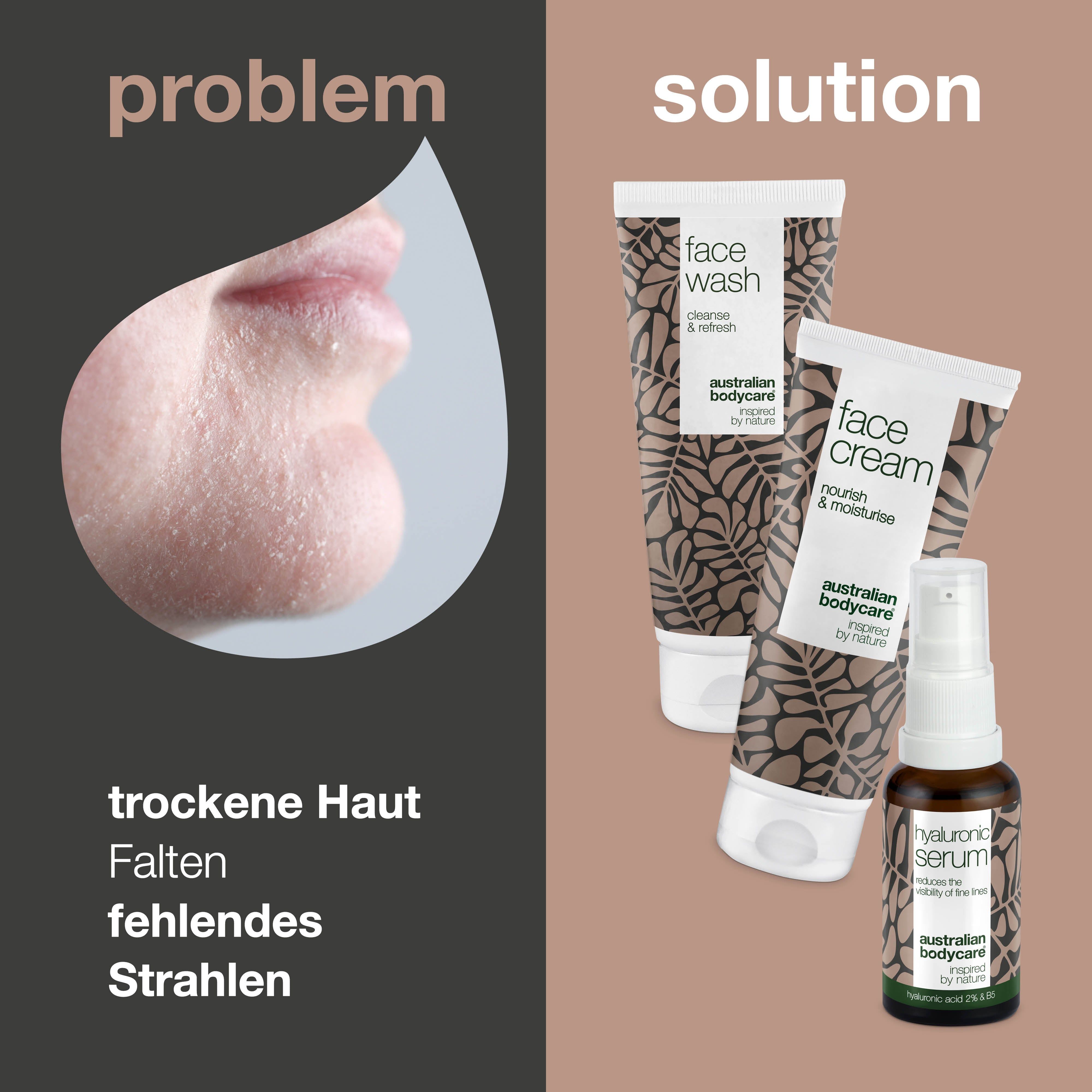 Haut mit Falten und Trockenheit. Daneben: Gesichtscreme, Gesichtswäsche und Hyaluronsäure-Serum.