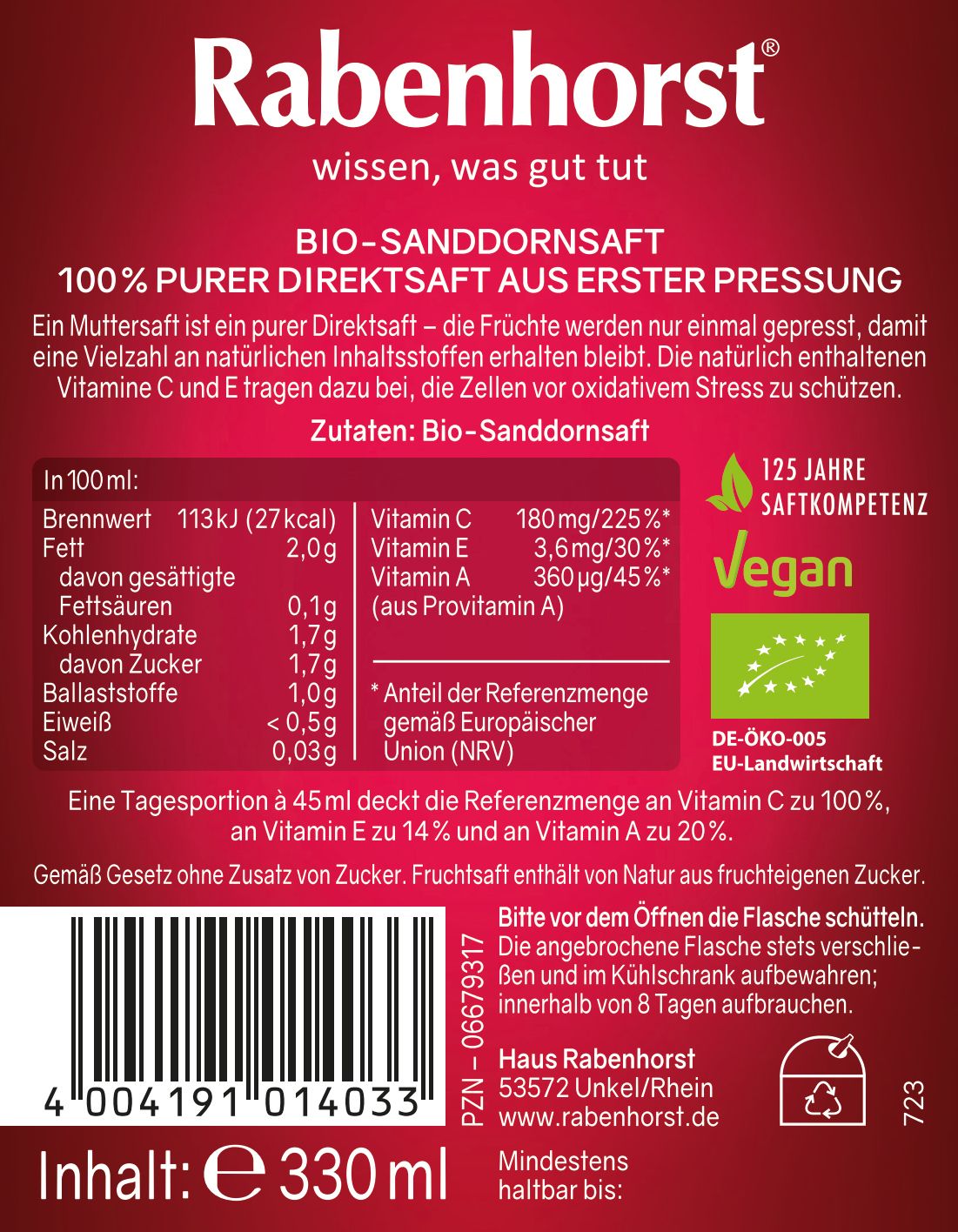 Rabenhorst Sanddorn Muttersaft BIO